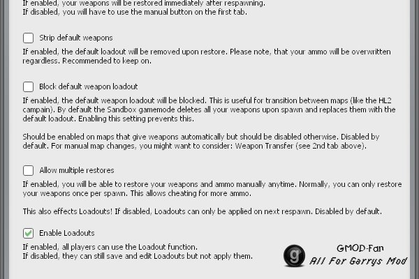 Weapon: Setup, Transfer And Restore
